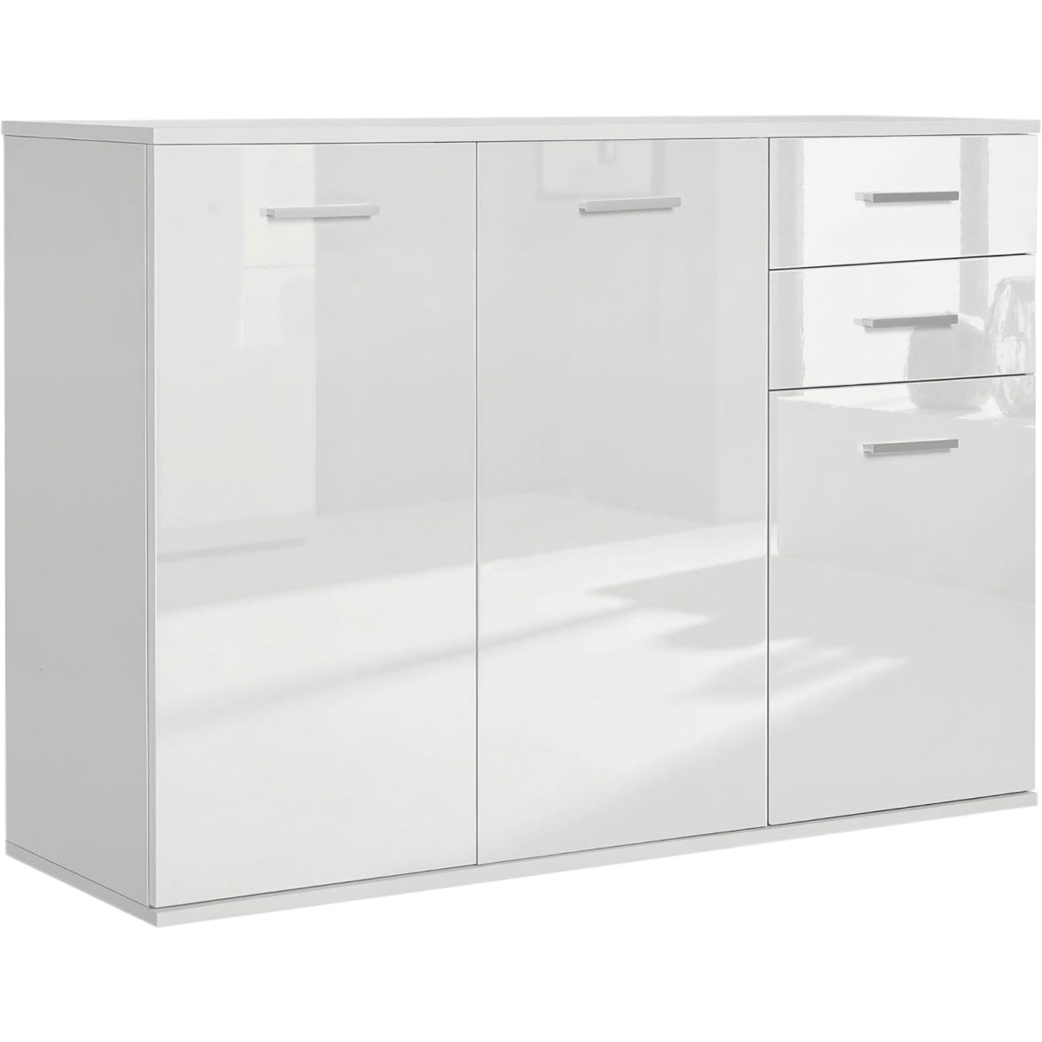 Buffet brillant avec 2 tiroirs, 3 portes et etagere reglable, meuble de rangement contemporain 106 x 35 x 76 cm, blanc