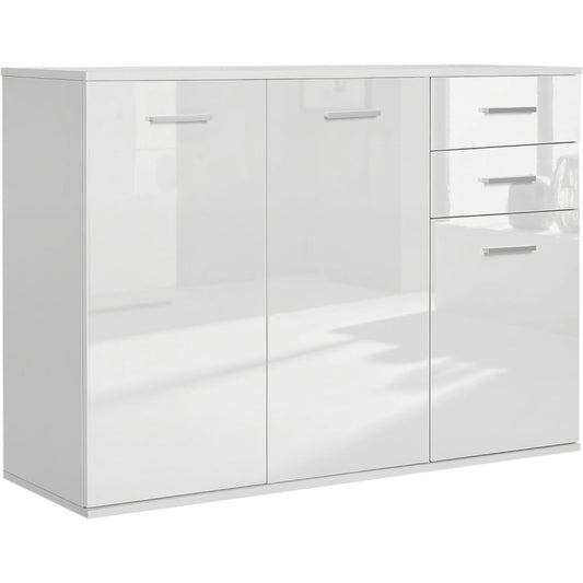 Buffet brillant avec 2 tiroirs, 3 portes et etagere reglable, meuble de rangement contemporain 106 x 35 x 76 cm, blanc