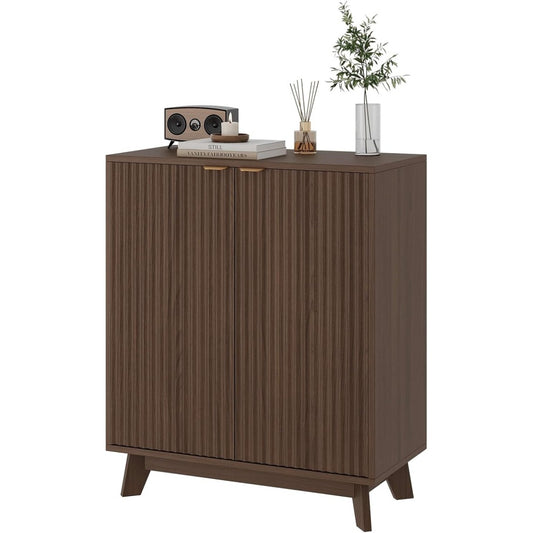 Meuble de rangement finition noyer avec facade cannelee, deux portes et tablettes reglables, style contemporain