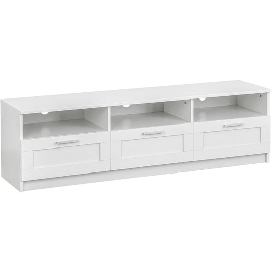 Meuble TV 140 cm avec 3 etag¨¨res, 3 tiroirs et passe-cables, console multimedia en MDF, blanc