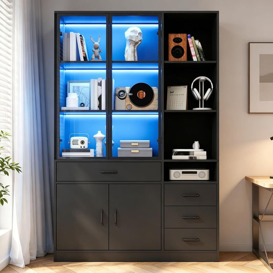 Grande vitrine avec eclairage LED, deux portes en verre trempe, quatre tiroirs et nombreux compartiments