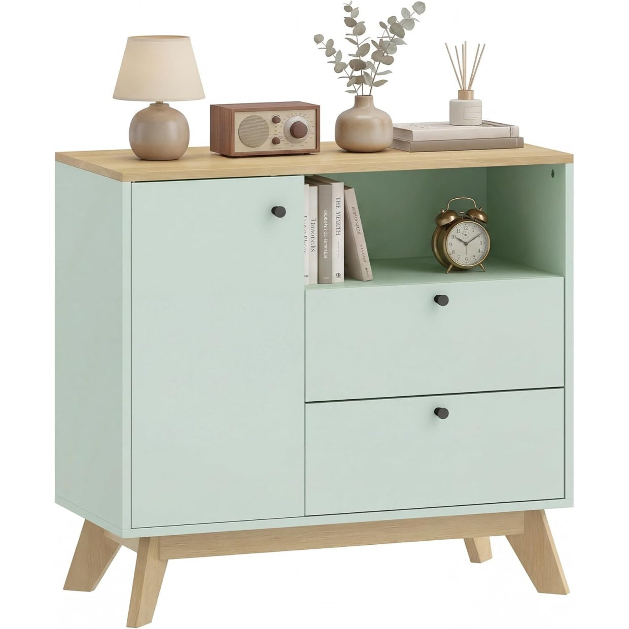 Meuble de rangement contemporain vert clair avec tiroirs, portes et niche ouverte pour salon